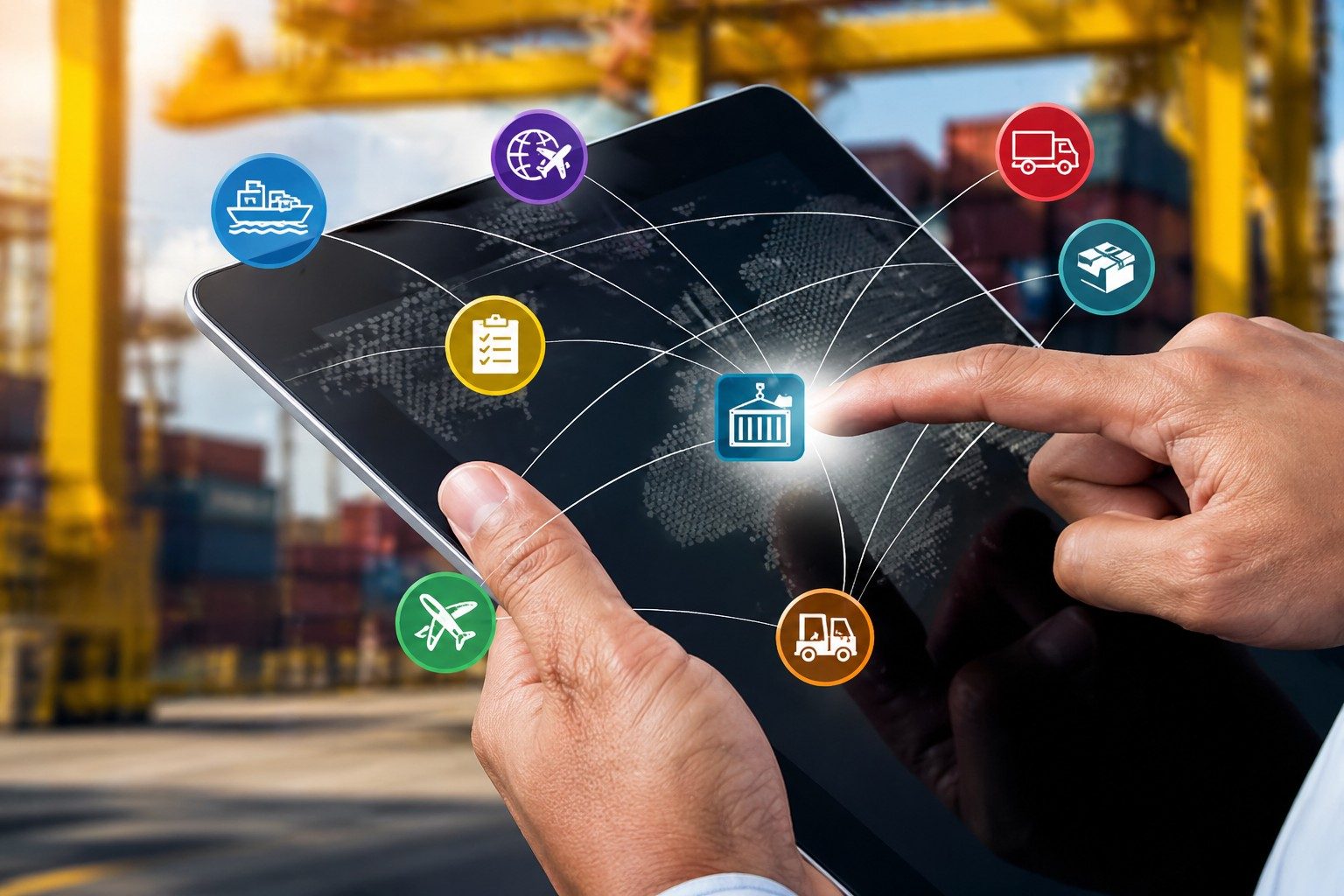 Hands holding a tablet at a container terminal, tapping a container icon on the shipment map