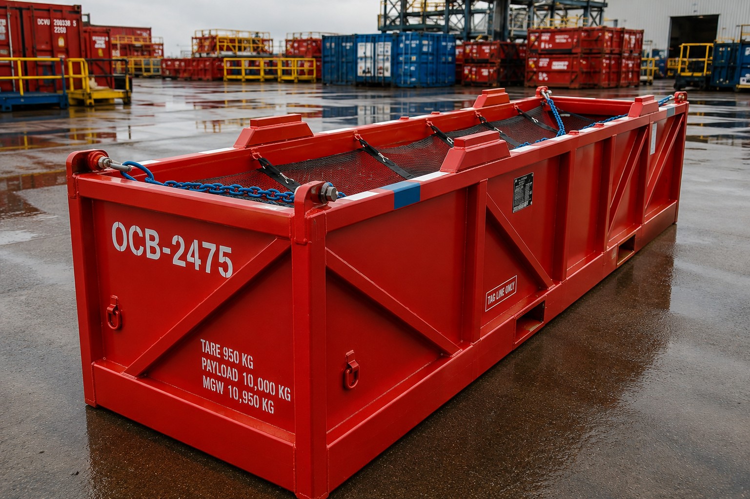 Red offshore cargo basket OCB-2475 with cargo net and lifting chains on a wet supply base yard